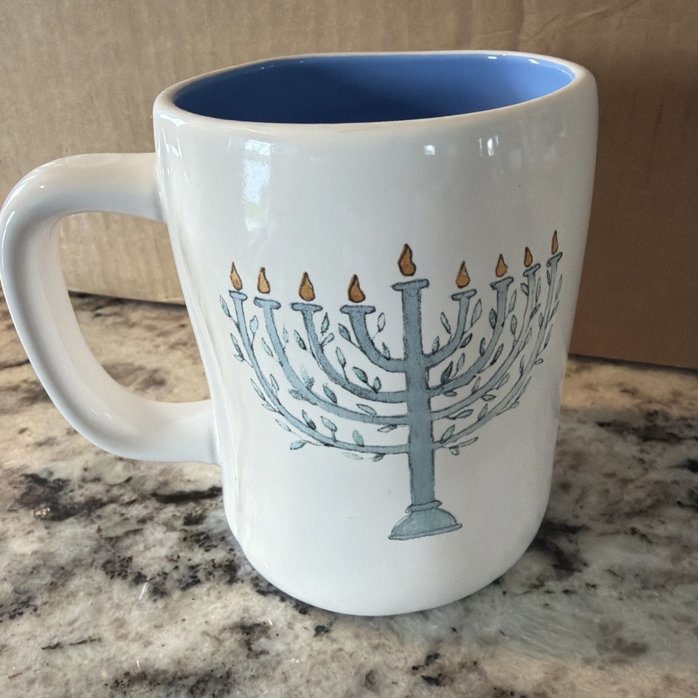 Rae Dunn, Mug, Hanukkah Love & Light Menorah Blue Interior